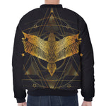 Golden Spiritual Bird Print Zip Sleeve Bomber Jacket