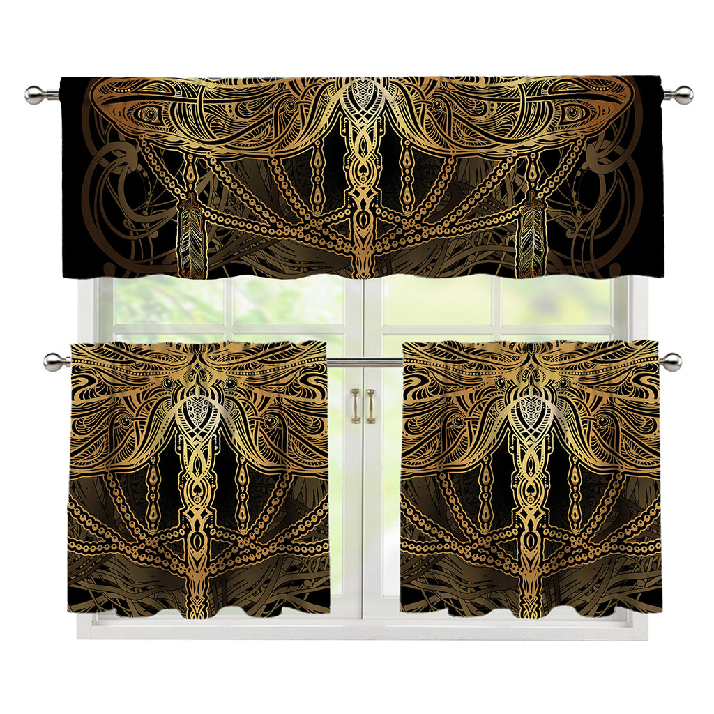 Golden Spiritual Dragonfly Print 3 Piece Kitchen Curtains