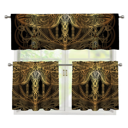 Golden Spiritual Dragonfly Print 3 Piece Kitchen Curtains