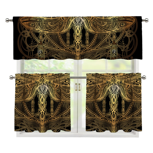 Golden Spiritual Dragonfly Print 3 Piece Kitchen Curtains