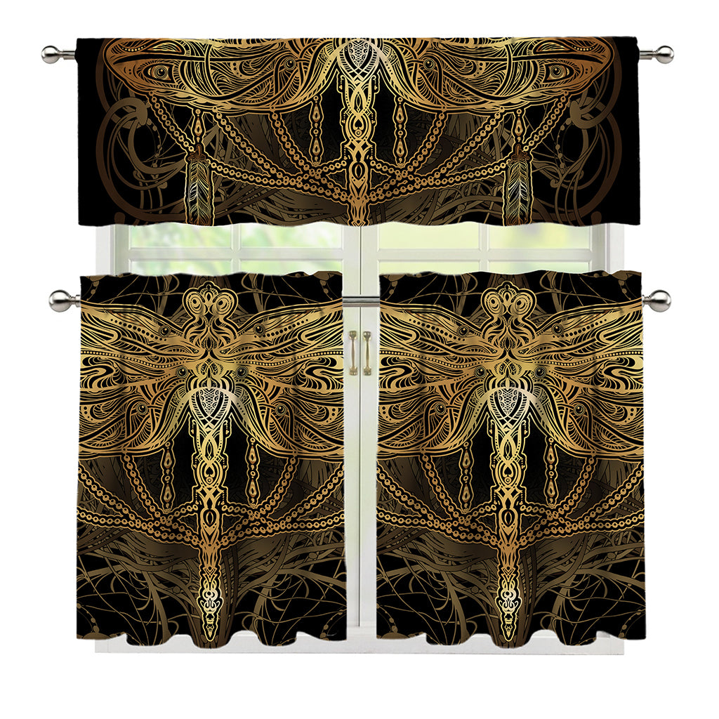 Golden Spiritual Dragonfly Print 3 Piece Kitchen Curtains