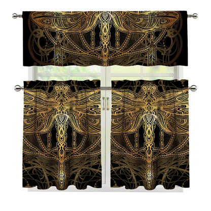 Golden Spiritual Dragonfly Print 3 Piece Kitchen Curtains