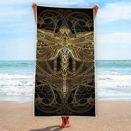 Golden Spiritual Dragonfly Print Beach Towel