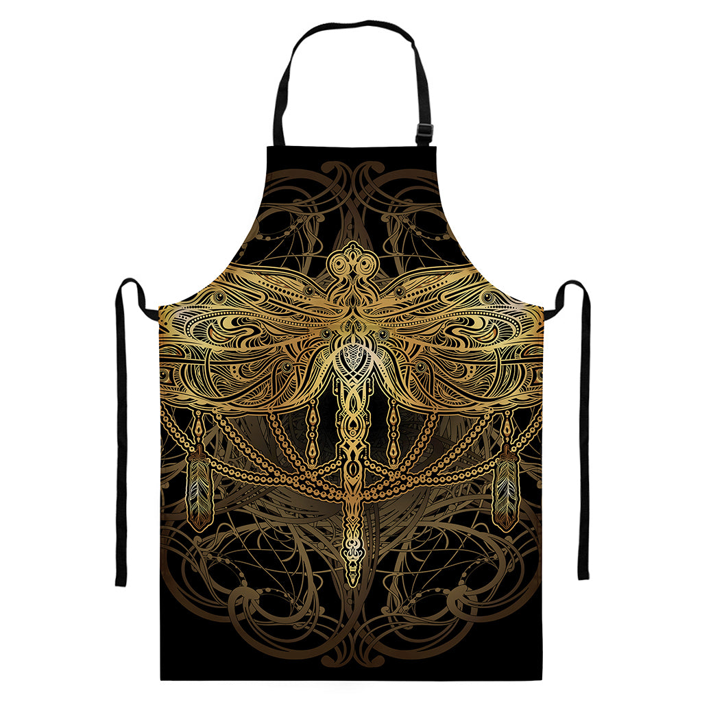 Golden Spiritual Dragonfly Print Bib Apron With Pocket