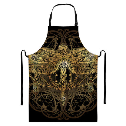 Golden Spiritual Dragonfly Print Bib Apron With Pocket
