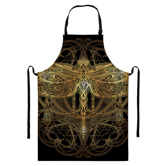 Golden Spiritual Dragonfly Print Bib Apron With Pocket