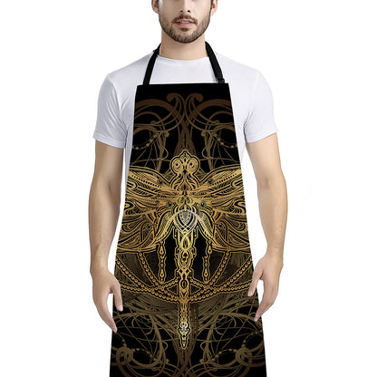 Golden Spiritual Dragonfly Print Bib Apron With Pocket