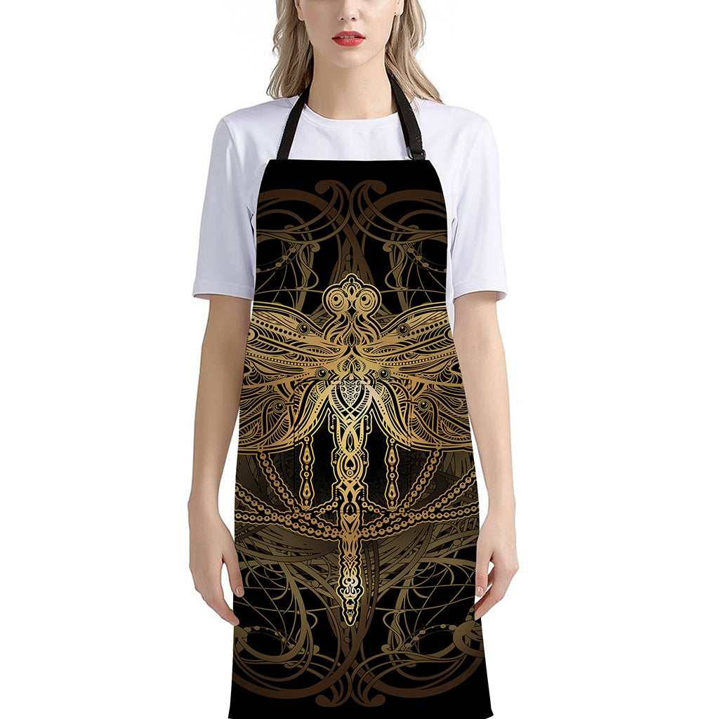 Golden Spiritual Dragonfly Print Bib Apron With Pocket