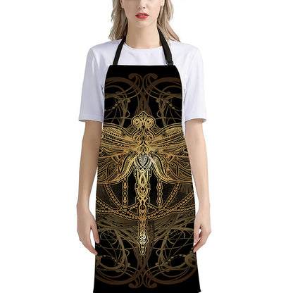Golden Spiritual Dragonfly Print Bib Apron With Pocket