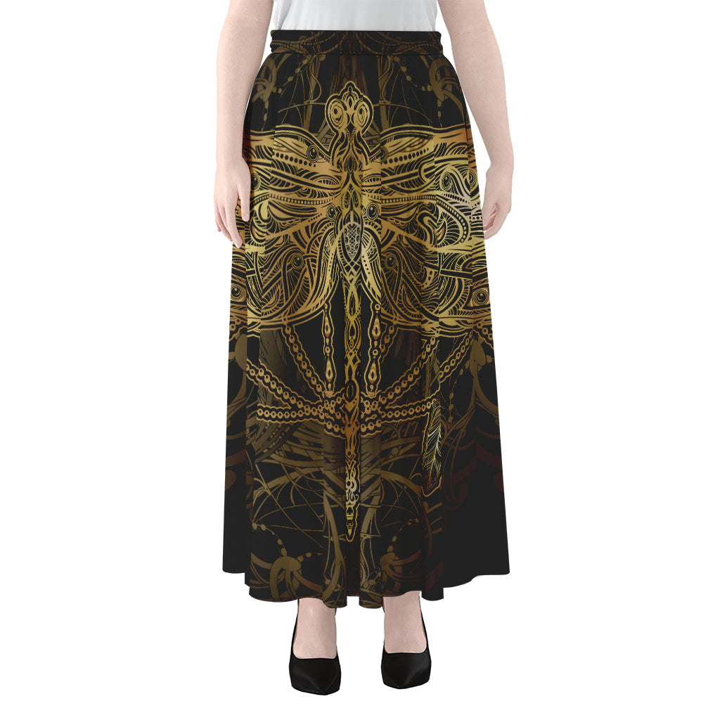 Golden Spiritual Dragonfly Print Chiffon Maxi Skirt