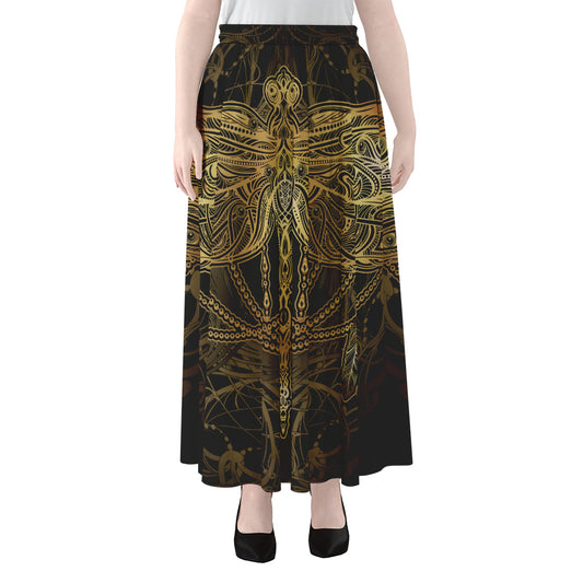 Golden Spiritual Dragonfly Print Chiffon Maxi Skirt