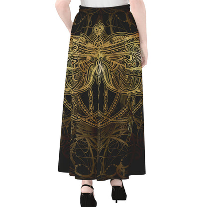 Golden Spiritual Dragonfly Print Chiffon Maxi Skirt