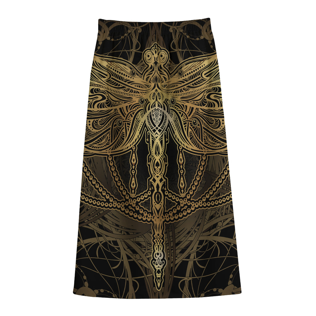 Golden Spiritual Dragonfly Print Cotton Front Slit Maxi Skirt
