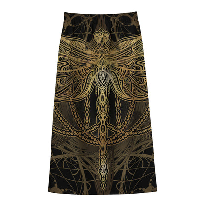 Golden Spiritual Dragonfly Print Cotton Front Slit Maxi Skirt