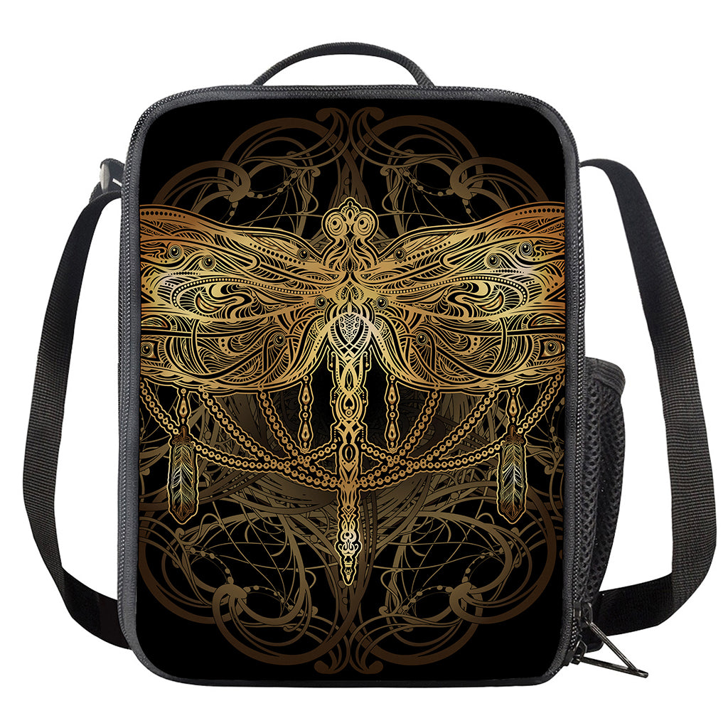 Golden Spiritual Dragonfly Print Crossbody Lunch Bag