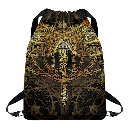 Golden Spiritual Dragonfly Print Drawstring Backpack