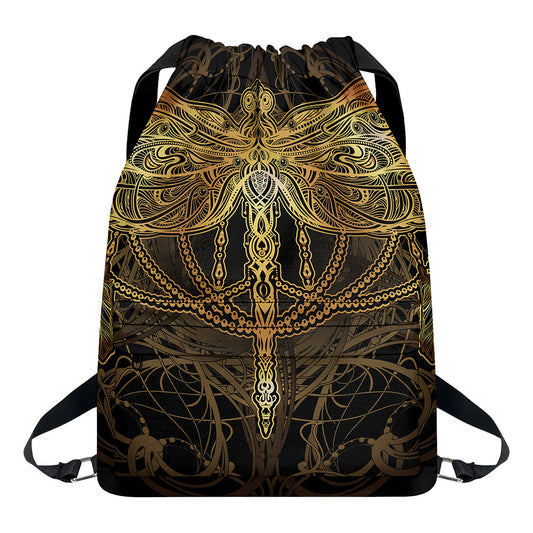 Golden Spiritual Dragonfly Print Drawstring Backpack