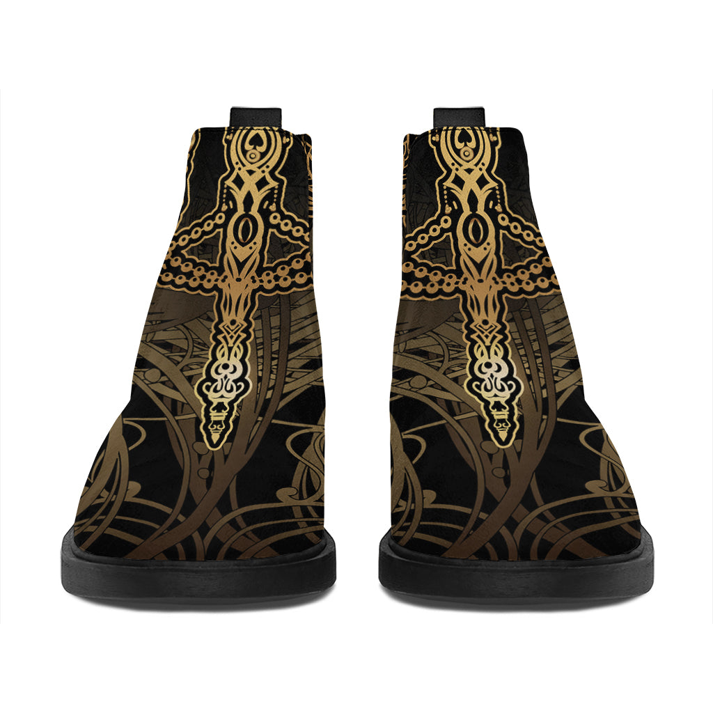 Golden Spiritual Dragonfly Print Flat Ankle Boots