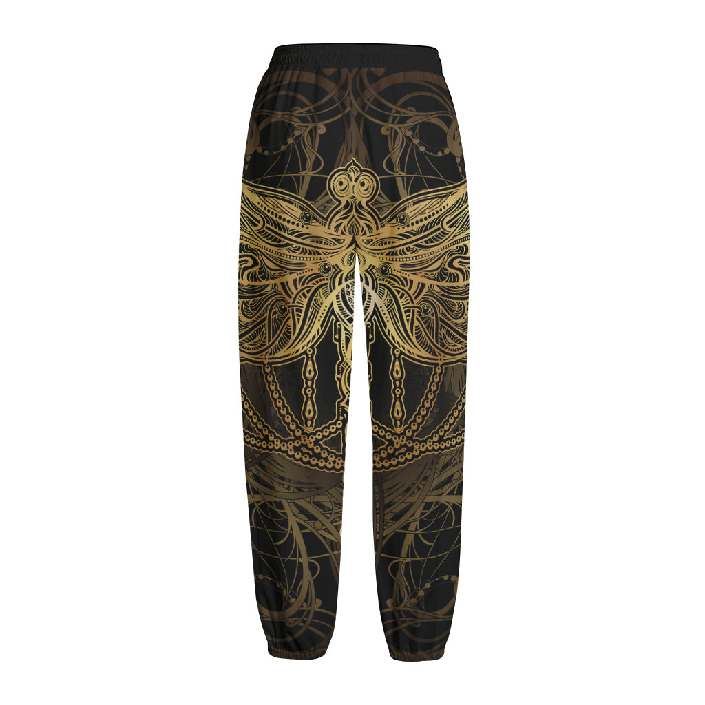 Golden Spiritual Dragonfly Print Fleece Lined Knit Pants