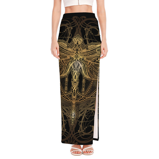 Golden Spiritual Dragonfly Print High Slit Maxi Skirt