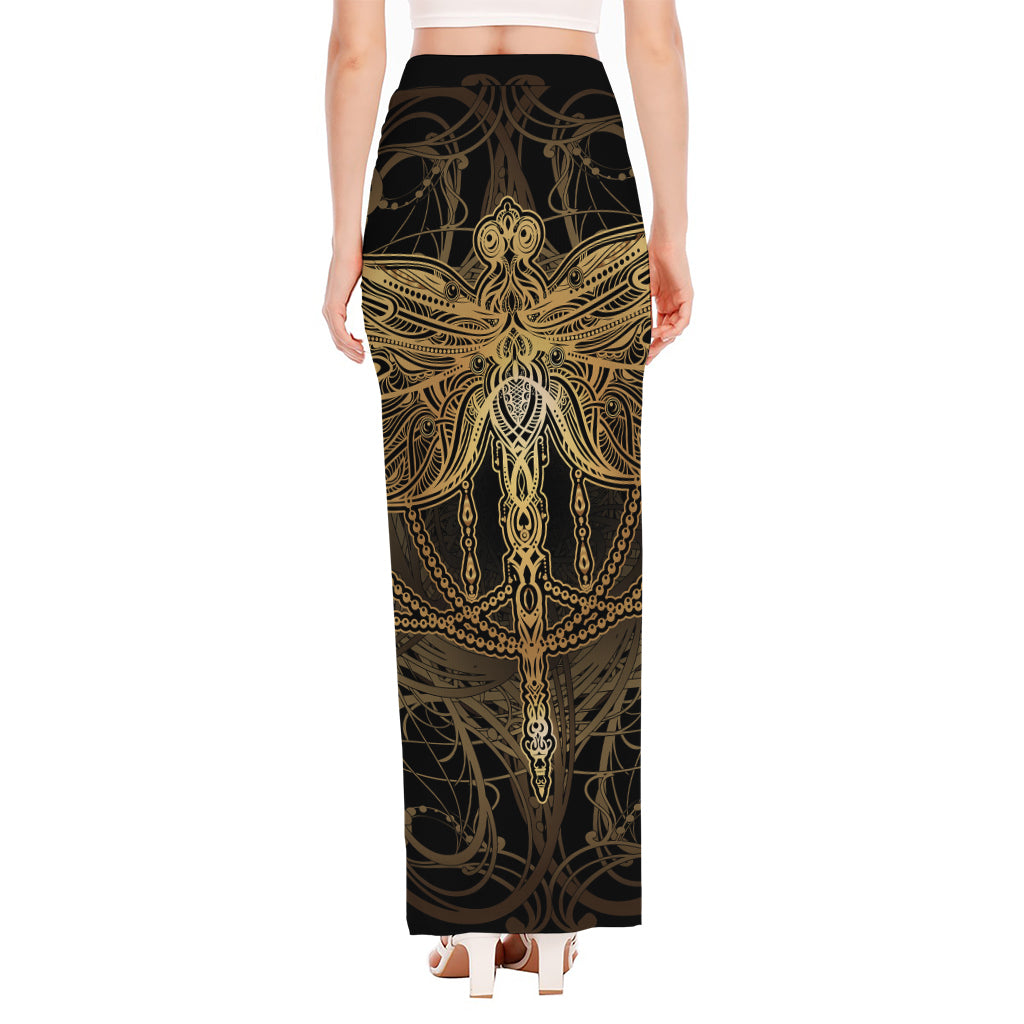 Golden Spiritual Dragonfly Print High Slit Maxi Skirt