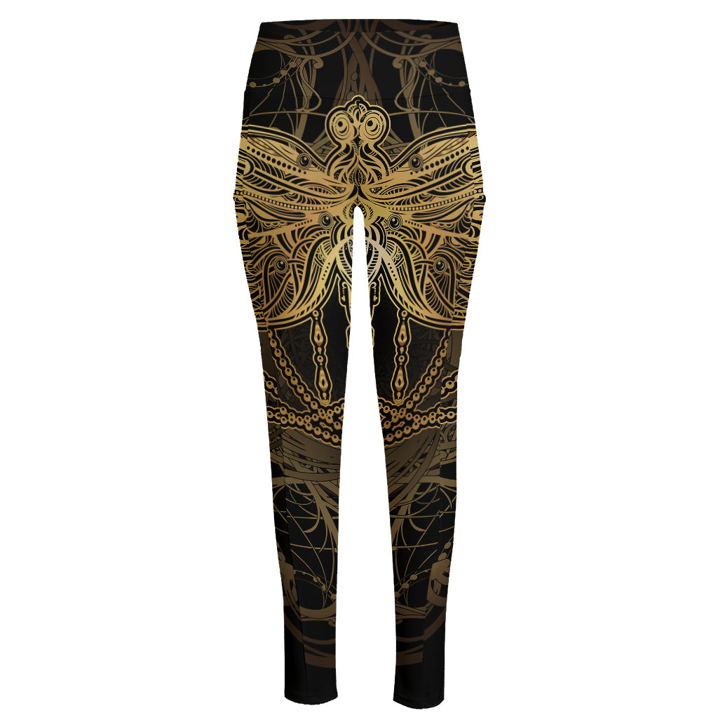 Golden Spiritual Dragonfly Print High-Waisted Pocket Leggings