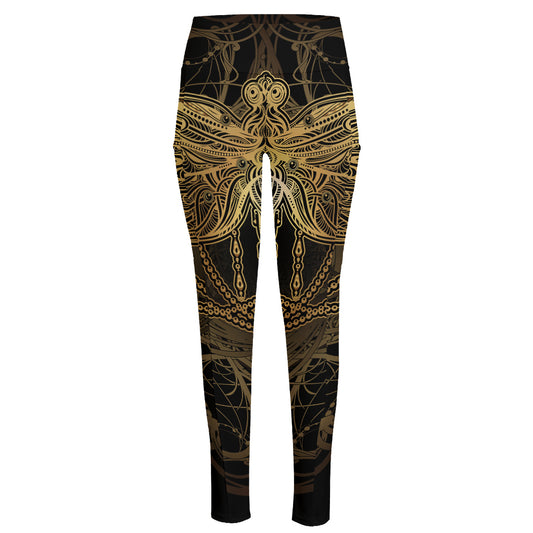 Golden Spiritual Dragonfly Print High-Waisted Pocket Leggings