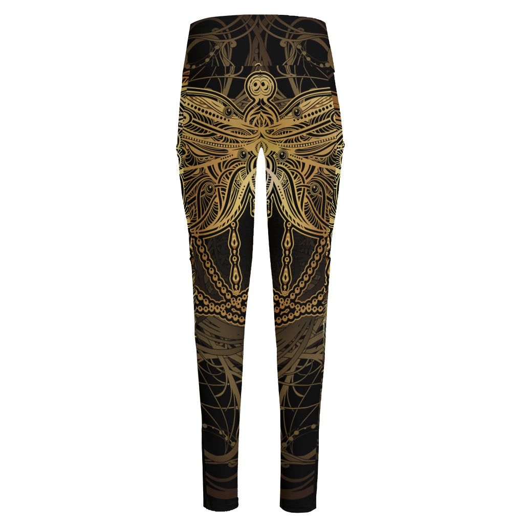 Golden Spiritual Dragonfly Print High-Waisted Pocket Leggings