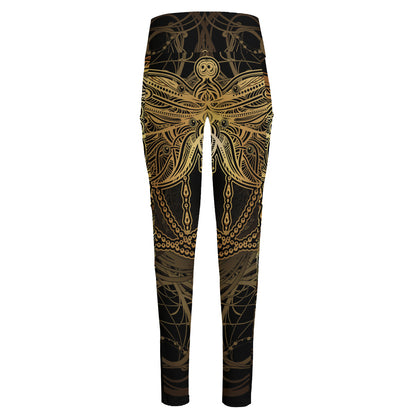 Golden Spiritual Dragonfly Print High-Waisted Pocket Leggings