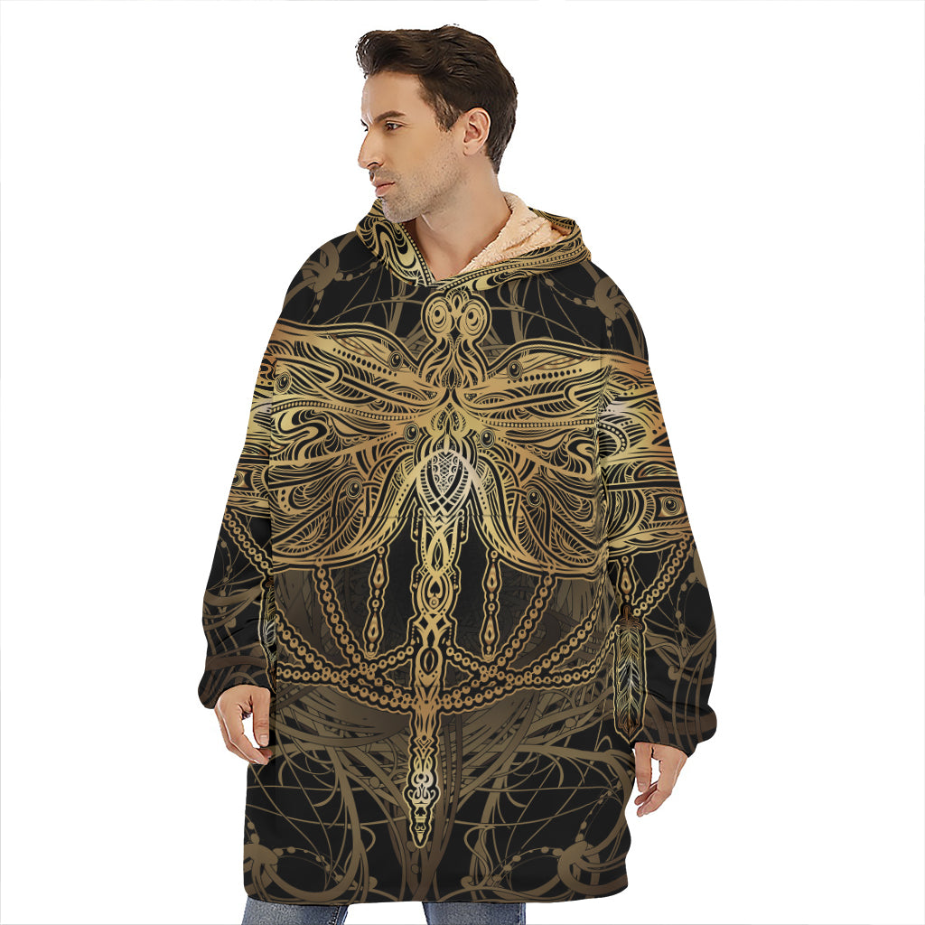 Golden Spiritual Dragonfly Print Hoodie Blanket
