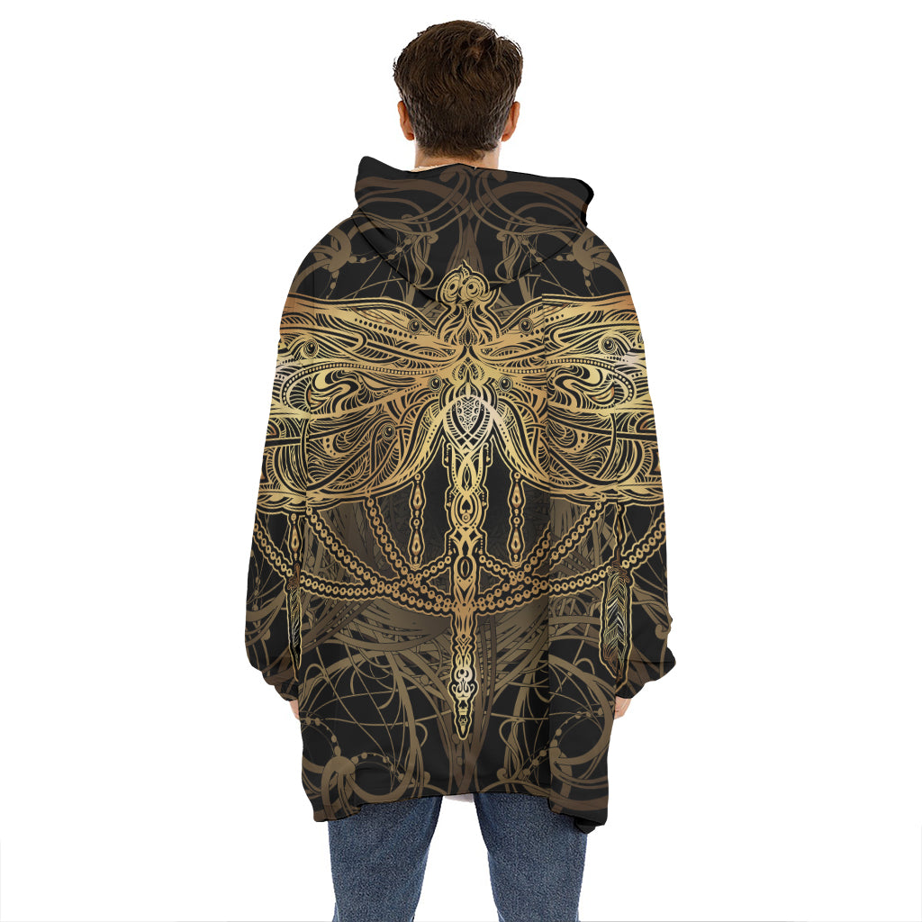 Golden Spiritual Dragonfly Print Hoodie Blanket