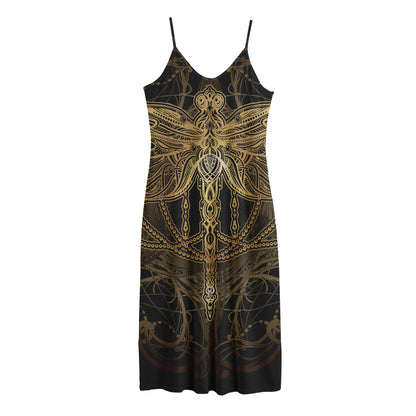 Golden Spiritual Dragonfly Print Jersey Midi Cami Dress