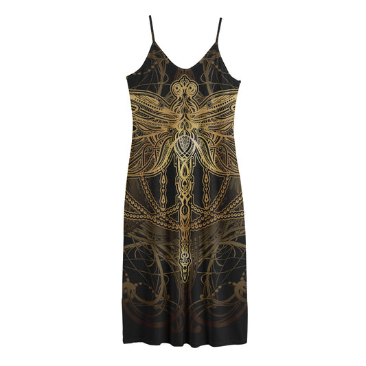 Golden Spiritual Dragonfly Print Jersey Midi Cami Dress