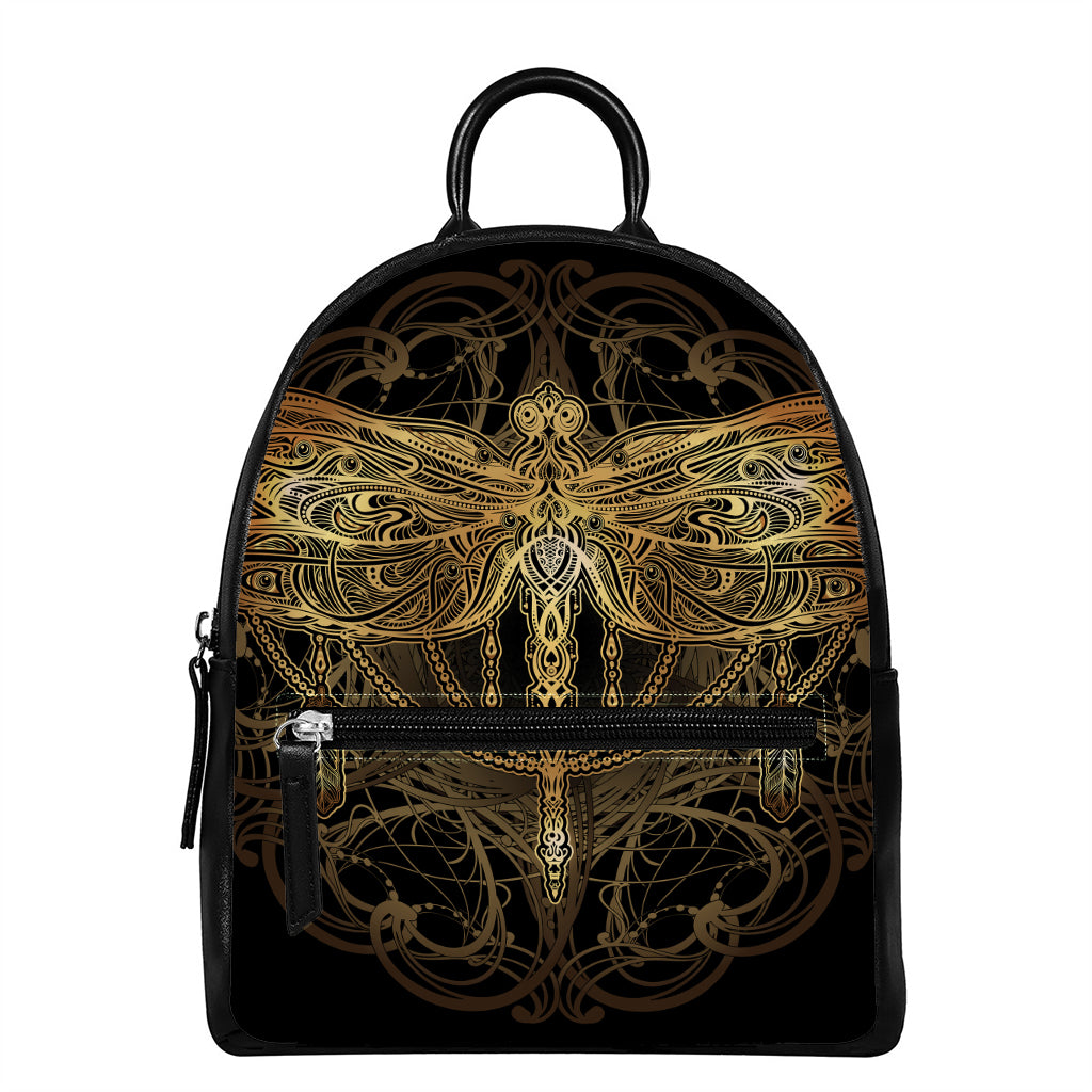 Golden Spiritual Dragonfly Print Leather Backpack