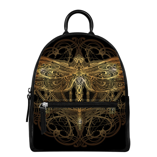Golden Spiritual Dragonfly Print Leather Backpack