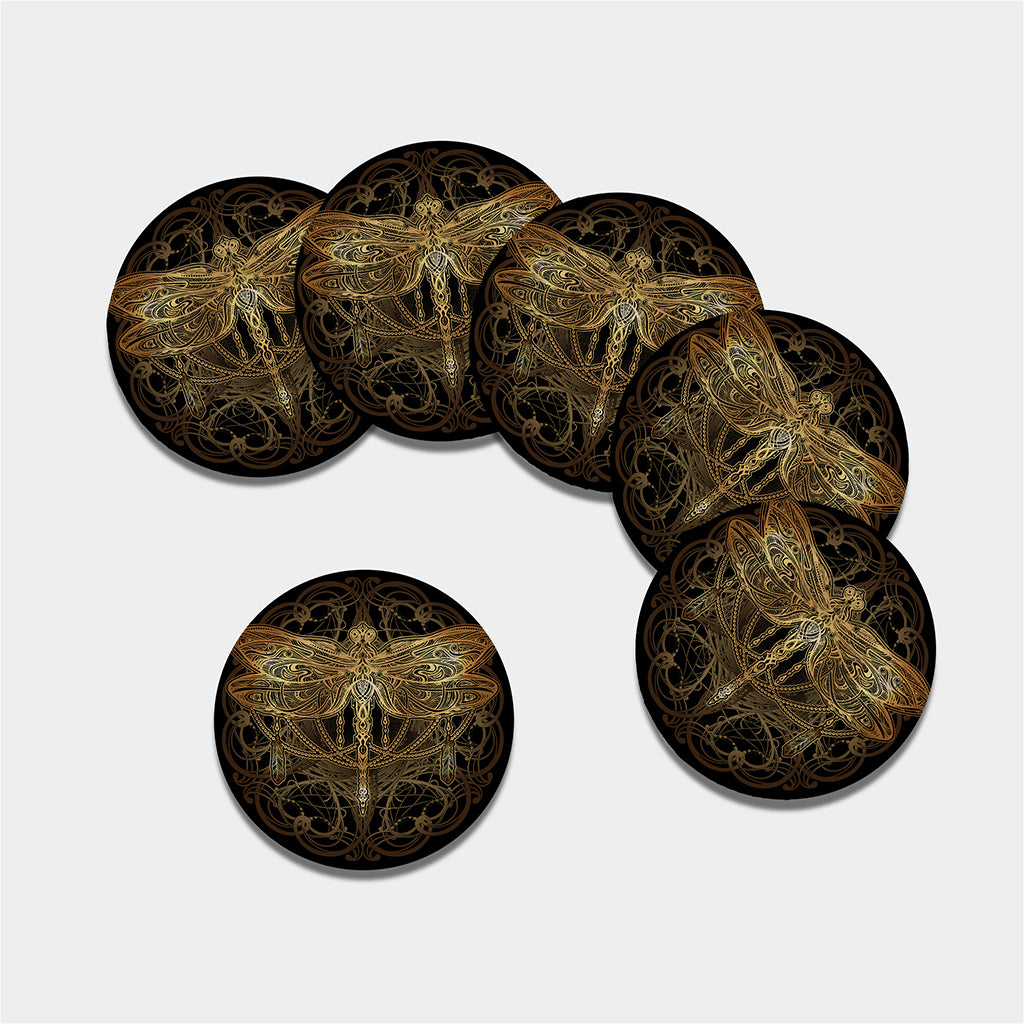 Golden Spiritual Dragonfly Print Leather Coaster Set
