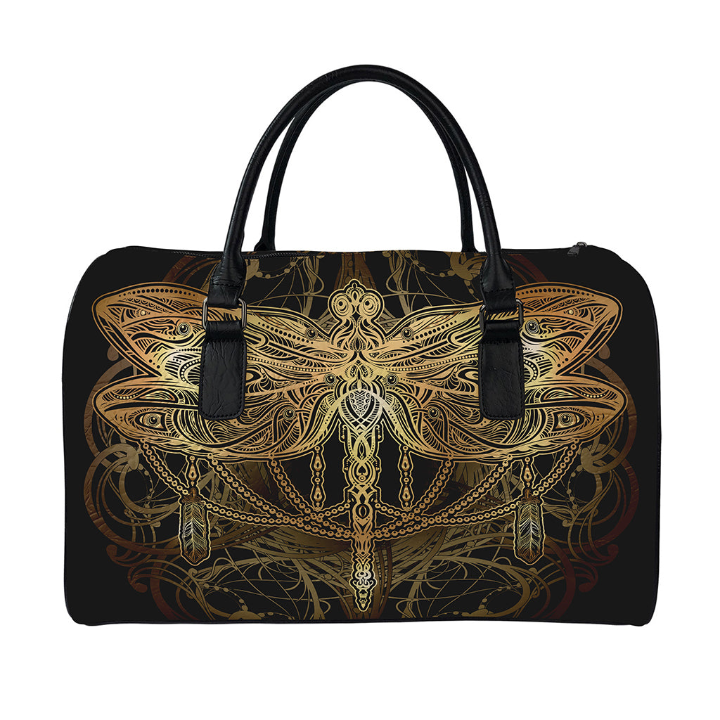 Golden Spiritual Dragonfly Print Leather Duffle Bag