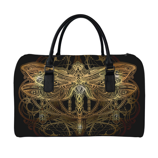 Golden Spiritual Dragonfly Print Leather Duffle Bag