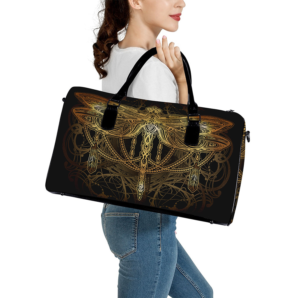 Golden Spiritual Dragonfly Print Leather Duffle Bag