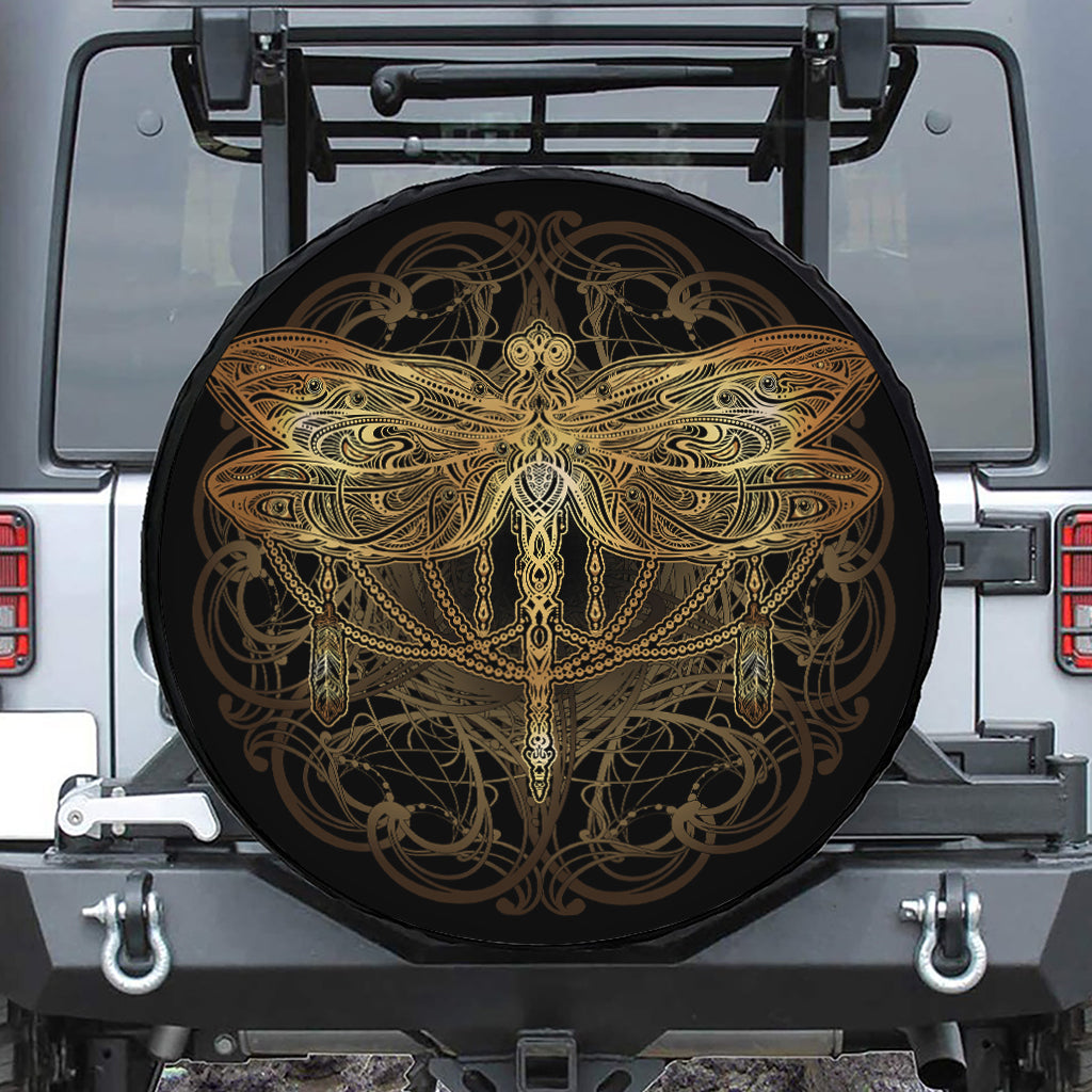 Golden Spiritual Dragonfly Print Leather Spare Tire Cover