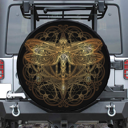 Golden Spiritual Dragonfly Print Leather Spare Tire Cover