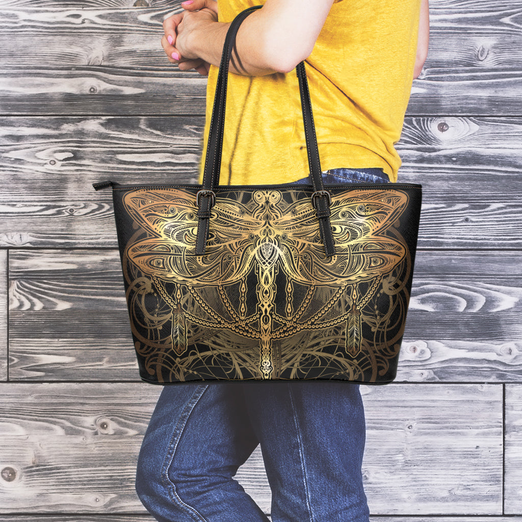 Golden Spiritual Dragonfly Print Leather Tote Bag