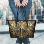 Golden Spiritual Dragonfly Print Leather Tote Bag
