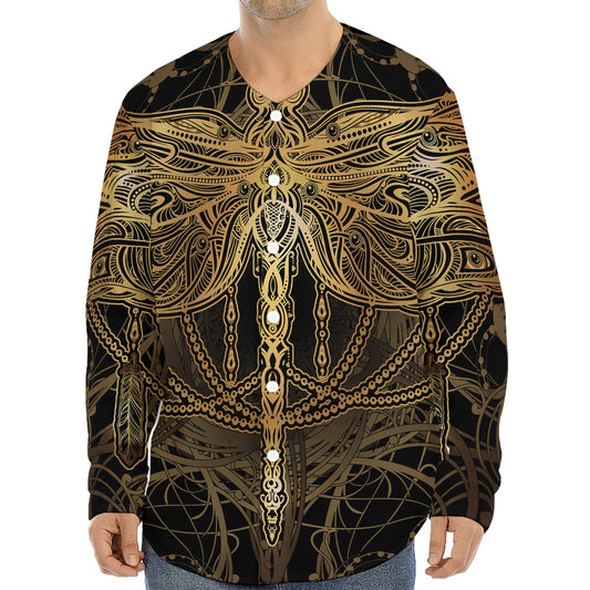 Golden Spiritual Dragonfly Print Long Sleeve Baseball Jersey