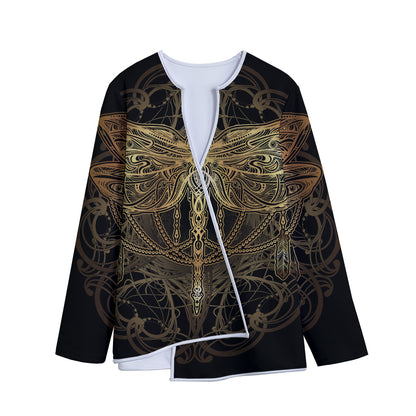 Golden Spiritual Dragonfly Print Long Sleeve Short Coat