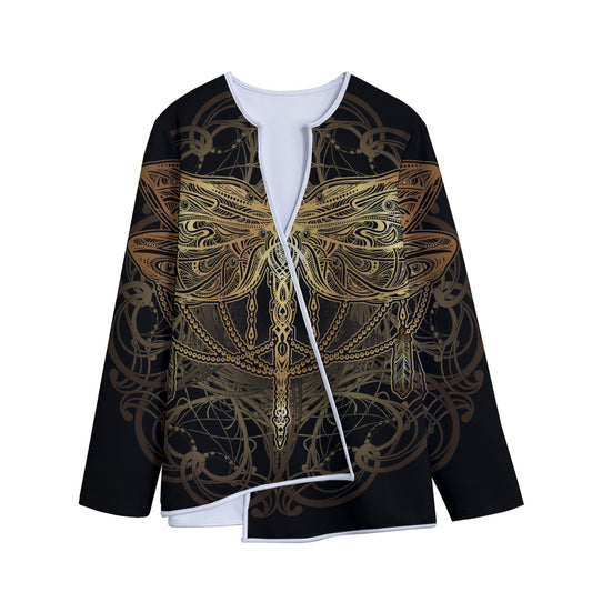 Golden Spiritual Dragonfly Print Long Sleeve Short Coat