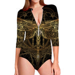 Golden Spiritual Dragonfly Print Long Sleeve Swimsuit