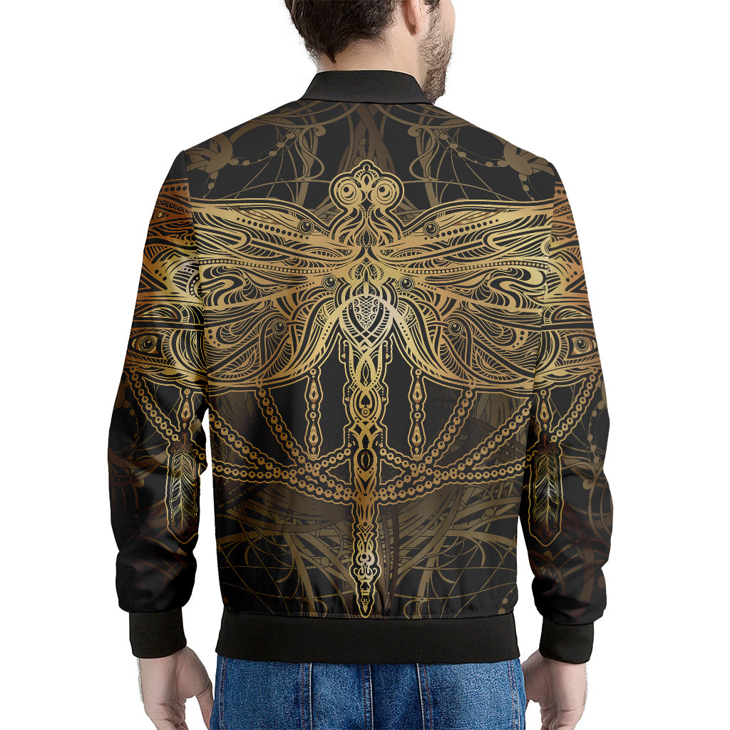 Golden Spiritual Dragonfly Print Men's Bomber Jacket