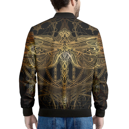Golden Spiritual Dragonfly Print Men's Bomber Jacket