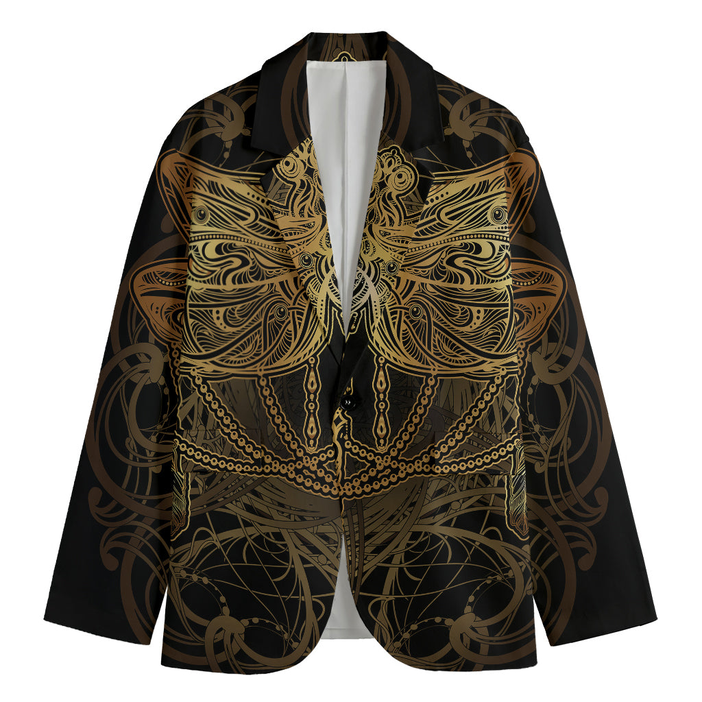 Golden Spiritual Dragonfly Print Men's Cotton Blazer